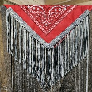 Red Paisley Fringe Bandana Scarf with Silver Trim